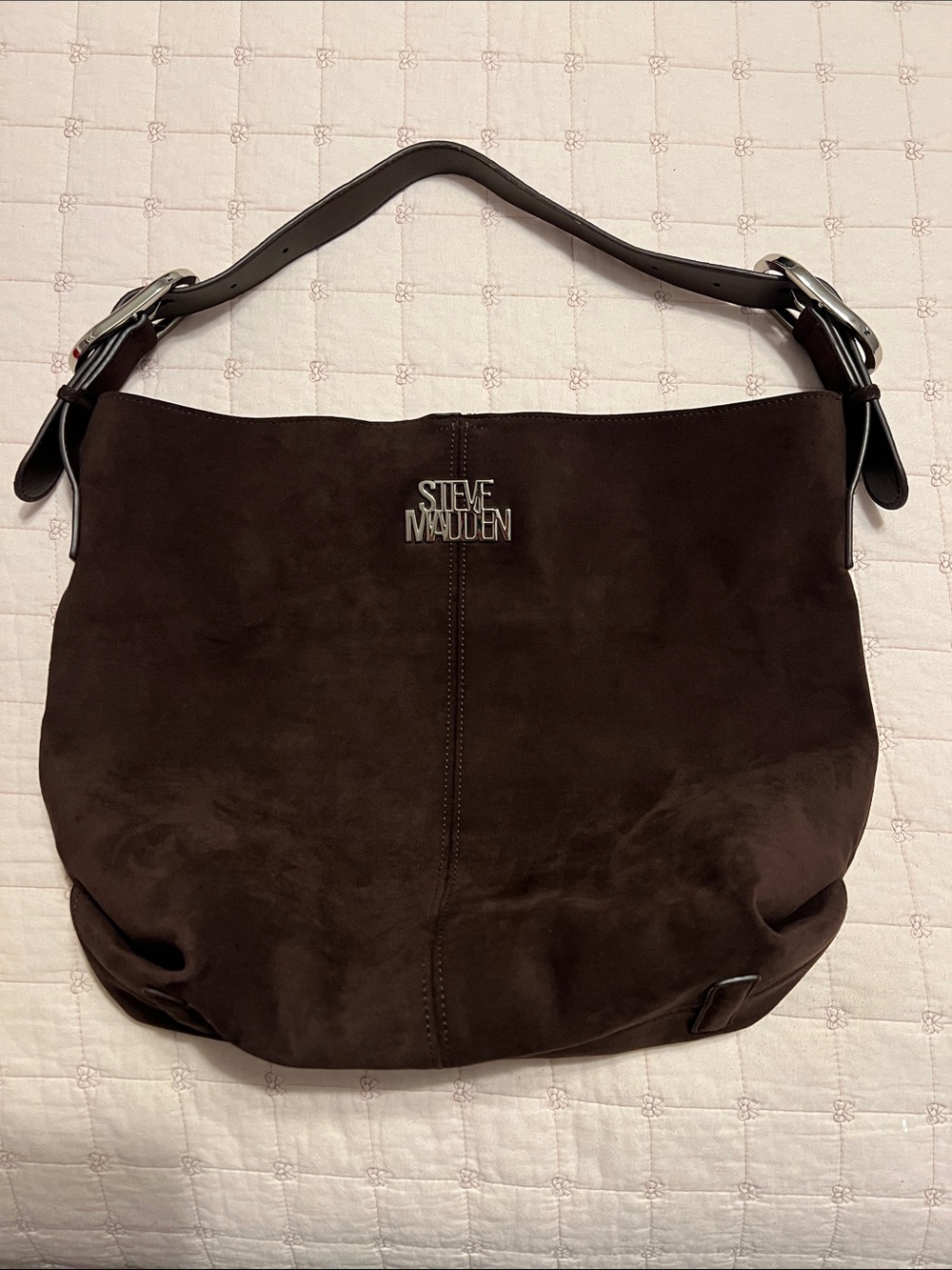 Steve Madden Chocolate Brown Suede Shoulder Bag with Silver Logo